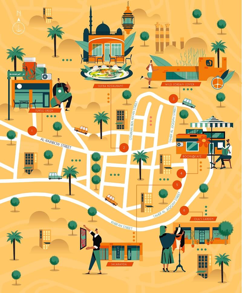 Illustrated map of the city of Amman in Jordan