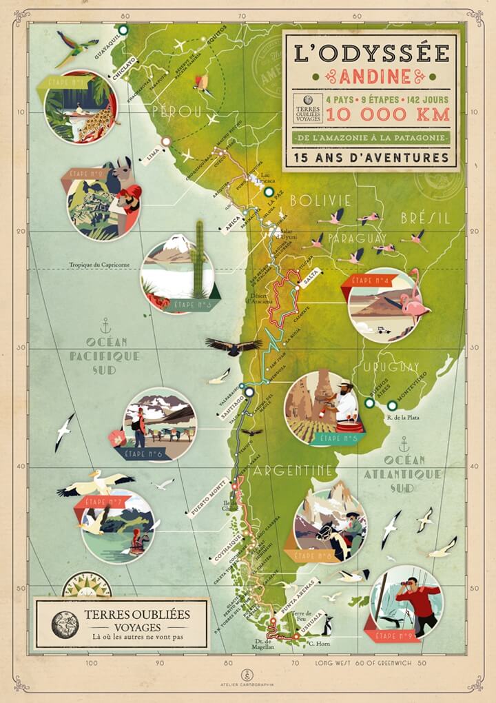 Illustrated map L'Odyssée Andine for Terres Oubliées trek agency