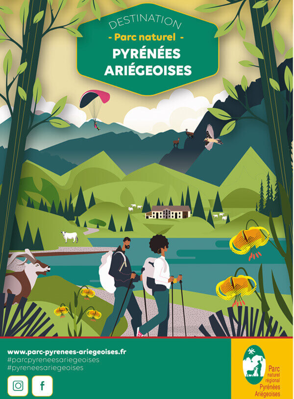 Illustrated tourist map for Pyrenees Ariegeoises Natural Park